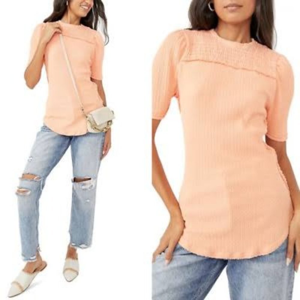 NWT Free People Smocked Knit Cotton soft orange Top